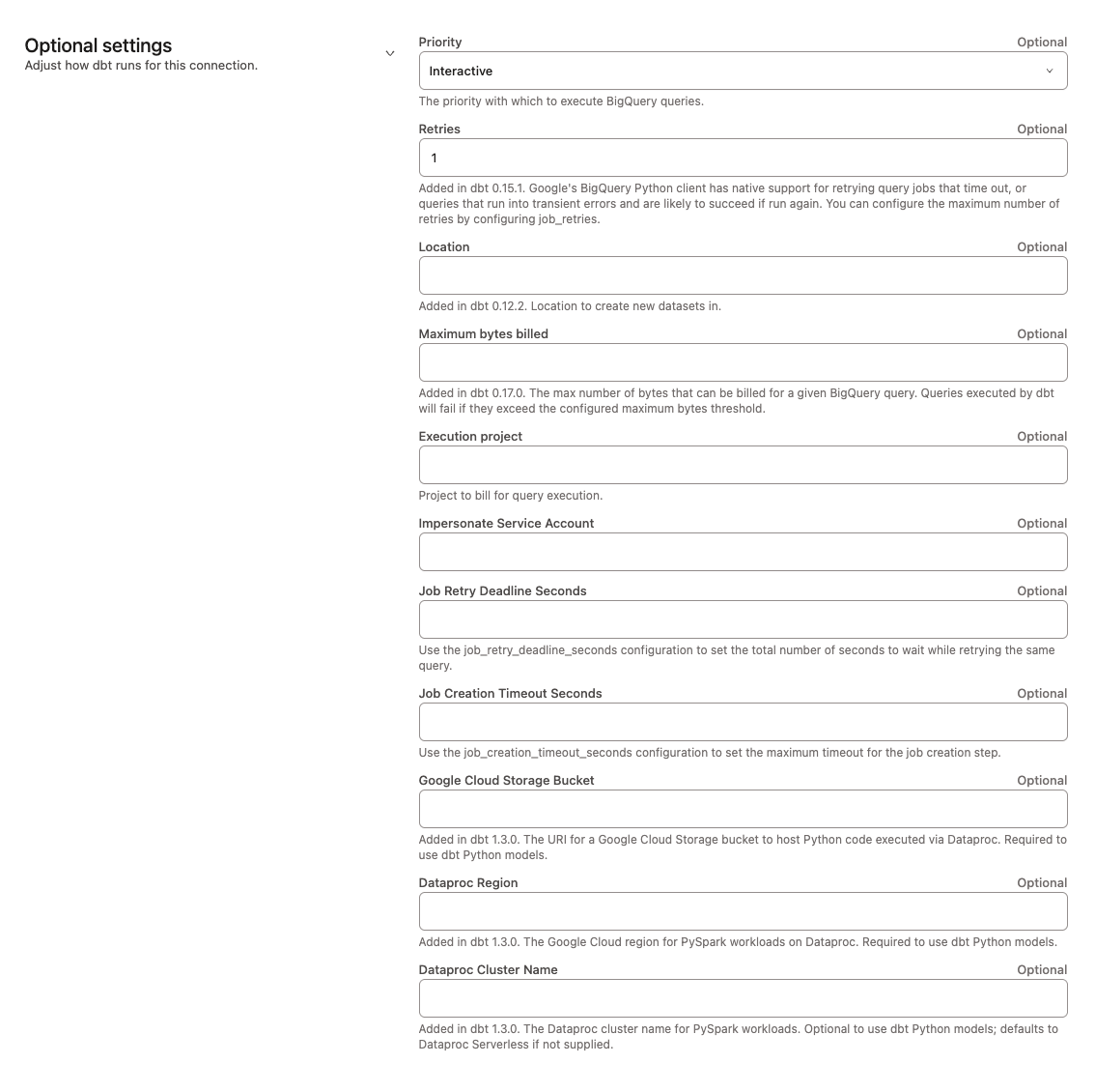 BigQuery optional configuration BigQuery optional configuration
