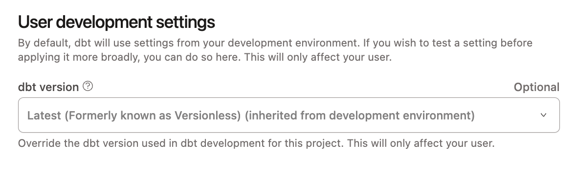 Example of overriding the dbt version on your user account