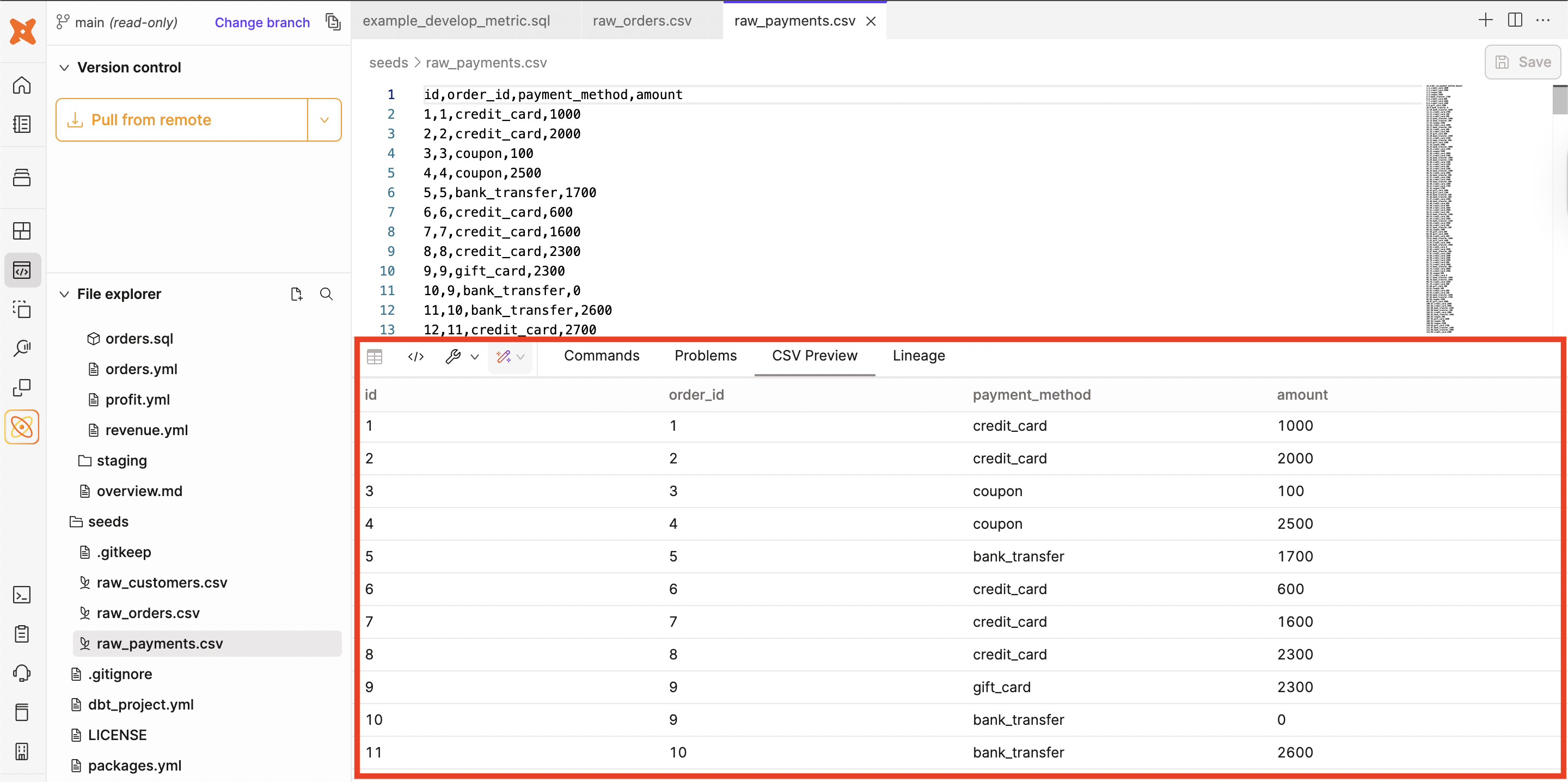 View CSV code in the CSV Preview console tab below the Editor tab.